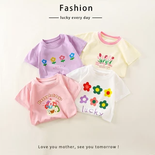 เสื้อยืดเด็กผู้หญิง เสื้อแขนสั้นเด็กหญิง ผ้าฝ้าย นุ่มสบาย ลายดอกไม้ สำหรับเด็กหญิง0-12ขวบ