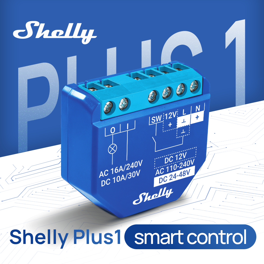 Shelly Plus 1 สวิตช์รีเลย์อัจฉริยะ 16A รีเลย์ WiFi 110-240VAC/24-48VDC โมดูลควบคุมไฟอัจฉริยะ