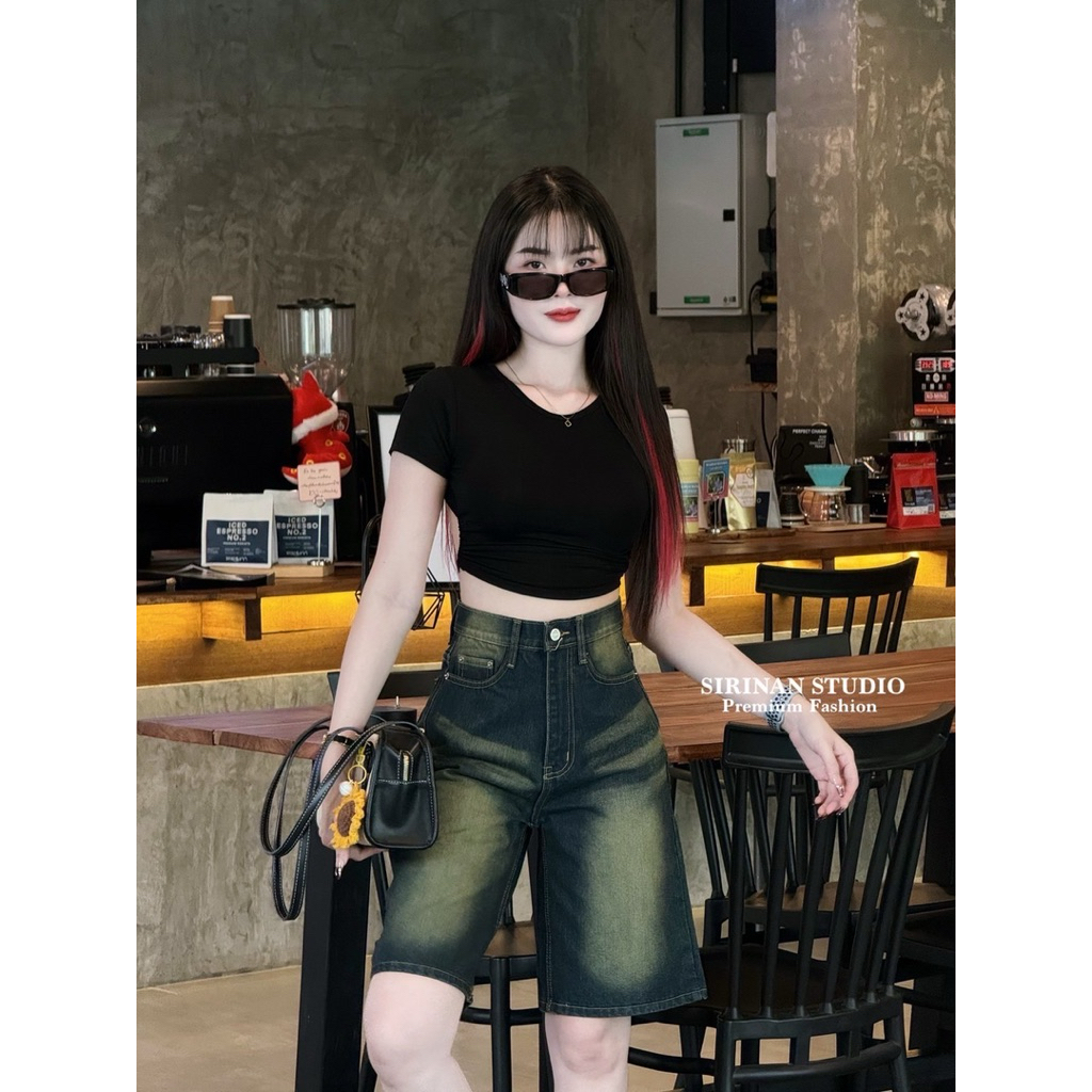 Sirinan Studio กางเกงยีนส์แท้สีสนิมสามส่วนทรงจอร์จที่จริงใจ❤️