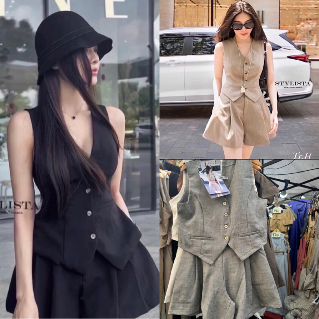 ชุดเช็ต 2 ชิ้น เสื้อแต่งกระดุมหน้า กางเกงขาสั้น ชุดเช็ตขาสั้นเรียบหรู(ผ้าสโนว)