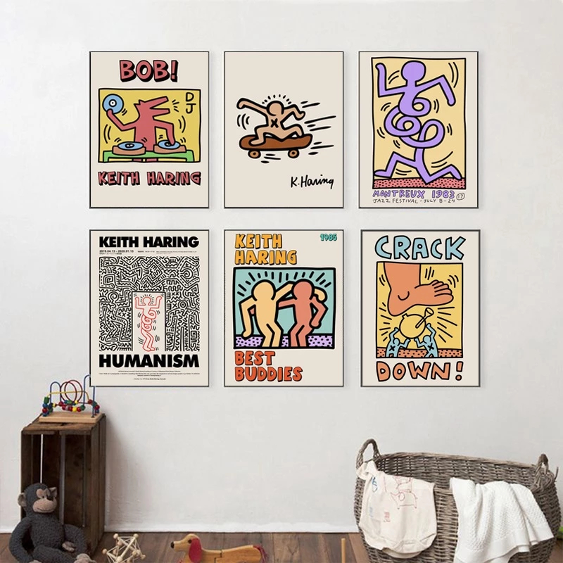(พร้อมส่งจากไทย ภาพรวมกรอบ) Keith Haring Gallery ผ้าแคนวาส พิมพ์ลายกราฟฟิติ้ สําหรับตกแต่งผนังบ้าน