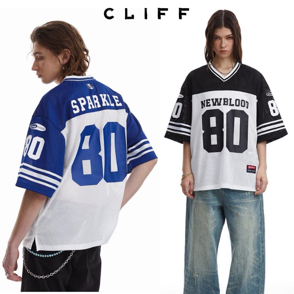 CLIFF  เสื้อยืดผู้ชาย ฤดูร้อน ตาข่าย แขนสั้น ระบายอากาศ ทรงหลวม ชุดคู่รัก ลำลอง พิมพ์ลายตัวอักษร