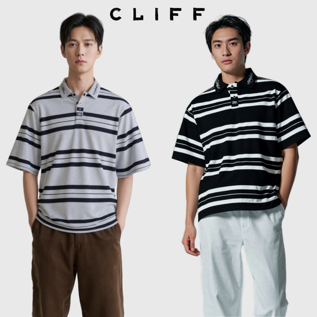 CLIFF เสื้อโปโลผู้ชาย แขนสั้นลายทาง เย็บปักถักร้อย แนววินเทจ แฟชั่นแมทช์ง่าย หลวมใส่สบาย