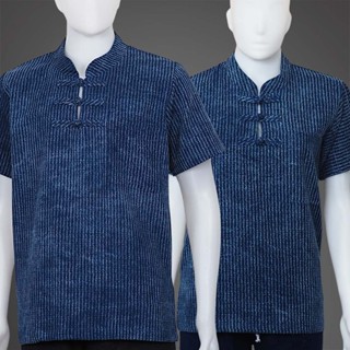 ม่อฮ่อมดั้งเดิม ผ้าสโตนวอช ลายเชือก คอจีน คอกลม กระดุม 3 เม็…