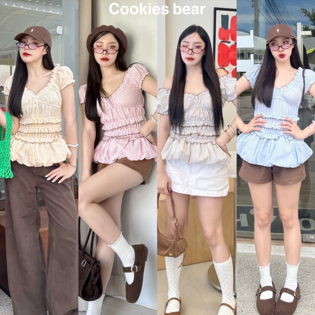 Marbel top : เสื้อแขนตุ๊กตา ลายริ้วแต้งกุ้น ยางยืดใต้อก KN.Clothes