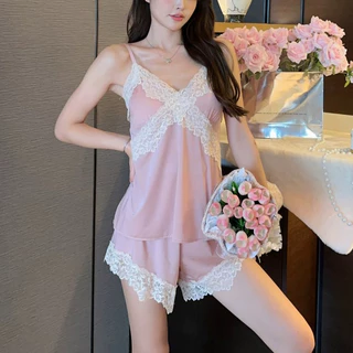 เซตชุดนอน ชุดนอนซาติน 2 ชิ้น สายเดี่ยว ผ้าใส่สบาย คอวี ผ้าลื่น silk ระบายลูกไม้ ผ้าซาติน มีให้เลือกหลายสี H9120