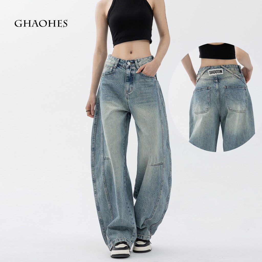 GHAOHES กางเกงยีนส์ขากว้างวินเทจ การออกแบบเส้นโค้ง ทรงลูกแพร์กางเกงเอวสูงรากพื้น
