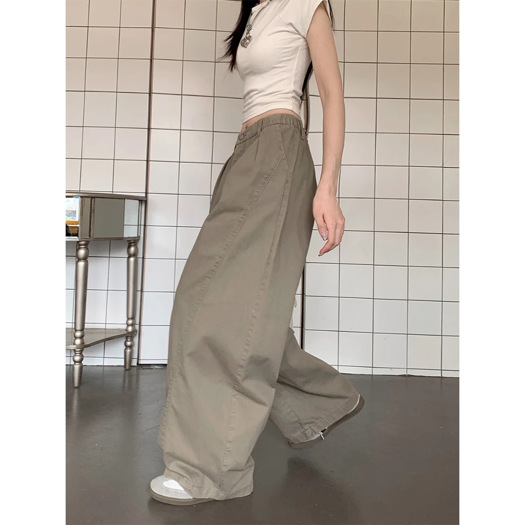 กางเกงยีนส์ผู้หญิงสีคาคีสไตล์เกาหลี Trendy แบบหลวม ขา flare ดีไซน์แฟชั่น