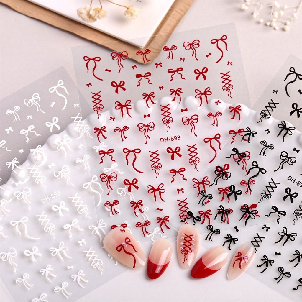 โบติดเล็บ สติกเกอร์แต่งเล็บ สีขาวริบบิ้นโบผูก เล็บสติกเกอร์ 3d เล็บออกแบบตกแต่ง Decals ริบบิ้นโบว์ Diy สติกเกอร์เล็บ