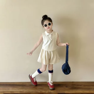 Beryl kids🌸ชุดสูทเด็กผู้หญิง🎀ชุดเซ็ตลูกสาวแฟชั่น เสื้อโปโลแขนกุด+กางเกงขาสั้น ชุดลําลองสองชิ้น สไตล์เกาหลี ฤดูร้อน