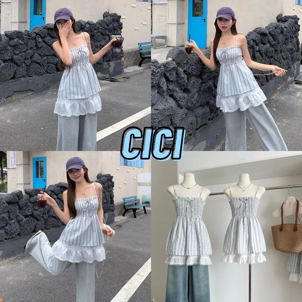 ส่งทันทีCici (NO. Y6325) เสื้อสายเดี่ยวสม็อครอบตัว ดีเทลลายริ้วตัวยาว สายปรับได้ แต่งเลเยอร์ 2 ชั้น สไตล์สาวหวานเกาหลี