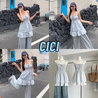 ส่งทันทีCici (NO. Y6325) เสื้อสายเดี่ยวสม็อครอบตัว ดีเทลลายริ้วตัวยาว สายปรับได้ แต่งเลเยอร์ 2 ชั้น สไตล์สาวหวานเกาหลี
