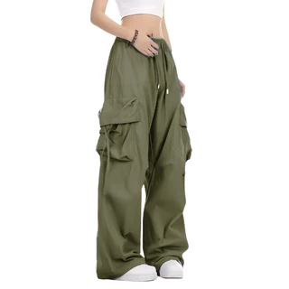 American-style กางเกงขากว้างแบบทำงาน กระเป๋าข้างดีไซน์เชือกรูดสไตล์หลวมแฟชั่นCargo women pants Casual wide leg คุณภาพสูง