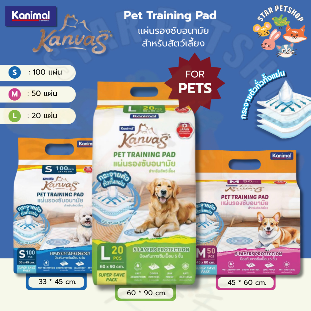 Kanvas แคนวาส แผ่นรองซับ สำหรับสัตว์เลี้ยง ยับยั้งแบคทีเรีย ป้องกันการซึมเปื้อน 