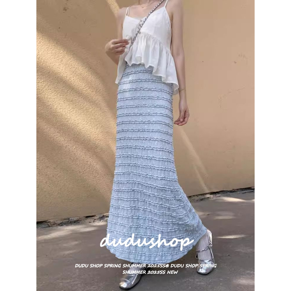 กระโปรงยาวทรงเอวสูงสีฟ้าสำหรับผู้หญิงในช่วงฤดูร้อนปี 2025 แฟชั่นใหม่กระโปรงยาวทรงหางปลาเอวสูงพิมพ์ลายทั้งตัว