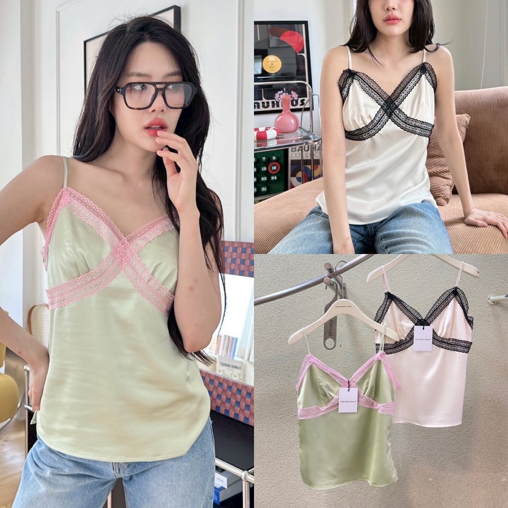 🍊 VL "Lace top" เสื้อสายเดี่ยวผ้าลูกไม้ฉลุ ดีเทลแต่งลูกไม้  สีละมุนน่ารักแอบเซ็กซี่ ใส่แมทช์กับกางเกงขาสั้น