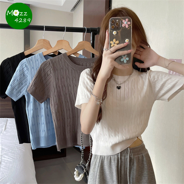 MQzz4289 *พร้อมส่ง* เสื้อไหมพรมแขนสั้น กันหนาว ลายถักยาว ใส่ดูดี เข้าหุ่นสวย อก 40 นิ้วใส่ได้ Freesize