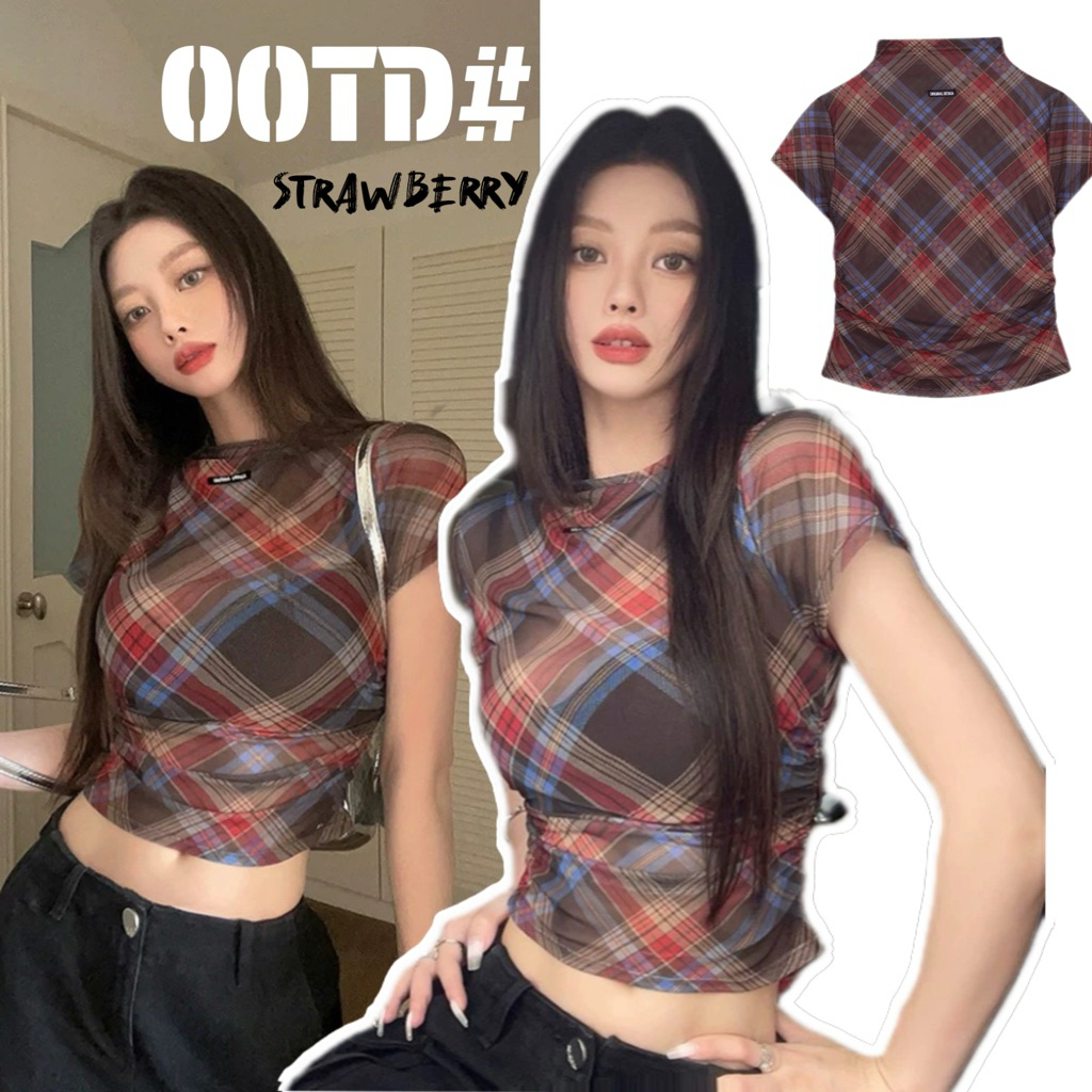 STR พร้อมส่ง🦄เสื้อแขนสั้นผ้าซีทรู เสื้อครอปลายสก๊อต ดีเทลจั้มเอว ทรงเข้ารูป สไตล์สาวแซ่บ แฟชั่นผู้หญิง เซ็กซี่เบาๆY2K