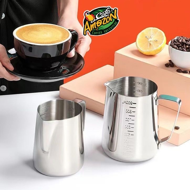 เหยือกตีฟองนม สีเงิน 350ml/600MLพิชเชอร์ ถ้วยตีฟองนม สแตนเลส Stainless Milk Pitcher สเตนเลส304