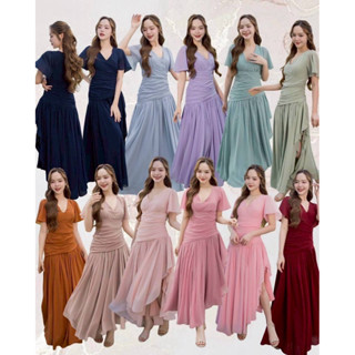 ชุดเดรส ชุดออกงาน ชุดราตรี FP064 เกรดพรีเมี่ยม ชุดชีฟอง แขนส…