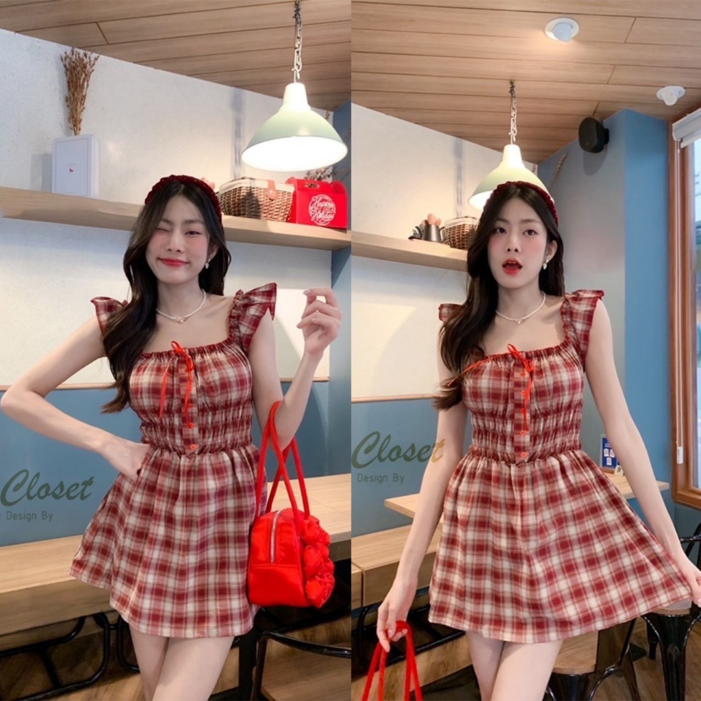 BA086 TARA Dress ชุดมินิเดรส ลายสก็อต สไตล์เกาหลี แต่งโบว์กระดุมหน้า เอวสม็อก เนื้อผ้าคอตตอนทออย่างดี ใส่สบาย ไม่ร้อน