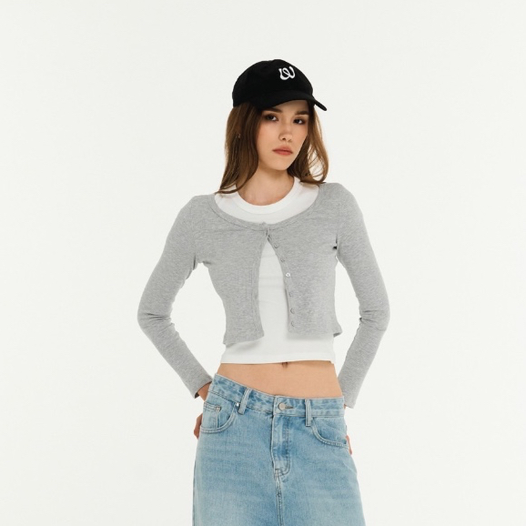Withit plain ribbed long sleeves top W embroidery เสื้อแขนยาวกระดุมหน้า - TPW04391