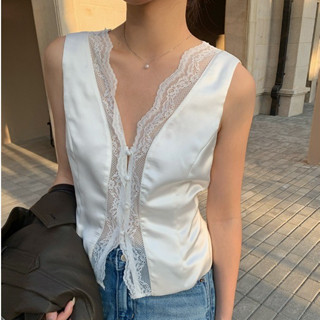 shayne-เสื้อกั๊กสำหรับสุภาพสตรี คอวี ขอบลูกไม้ ประกบ ประเภทร…