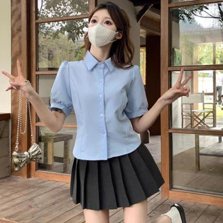 เสื้อเชิ้ตแขนสั้นแขนพองสีขาว เสื้อผ้าผู้หญิง เข้ารูป ใส่สบาย สไตล์เกาหลี พร้อมส่ง