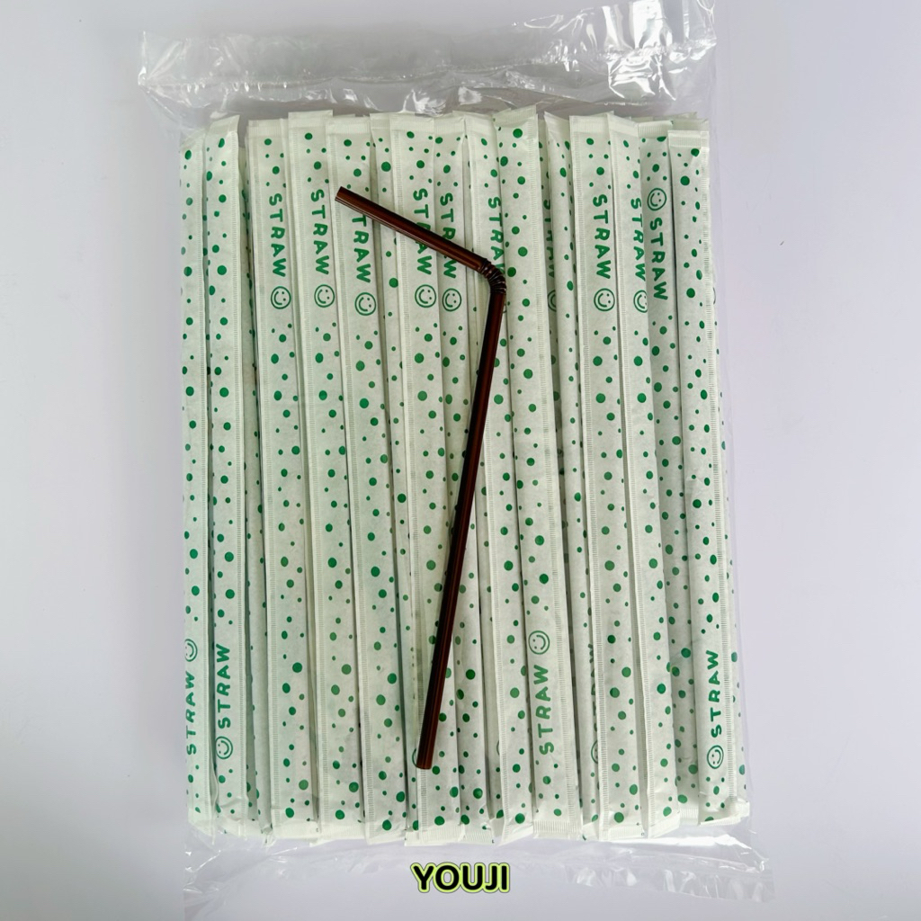 หลอดงอสีน้ำตาล แพ็คซองกระดาษพิมพ์ลาย 100 ชิ้น (ยิ้ม สีเขียว) / 1ห่อ Flexible Straw 100 pcs