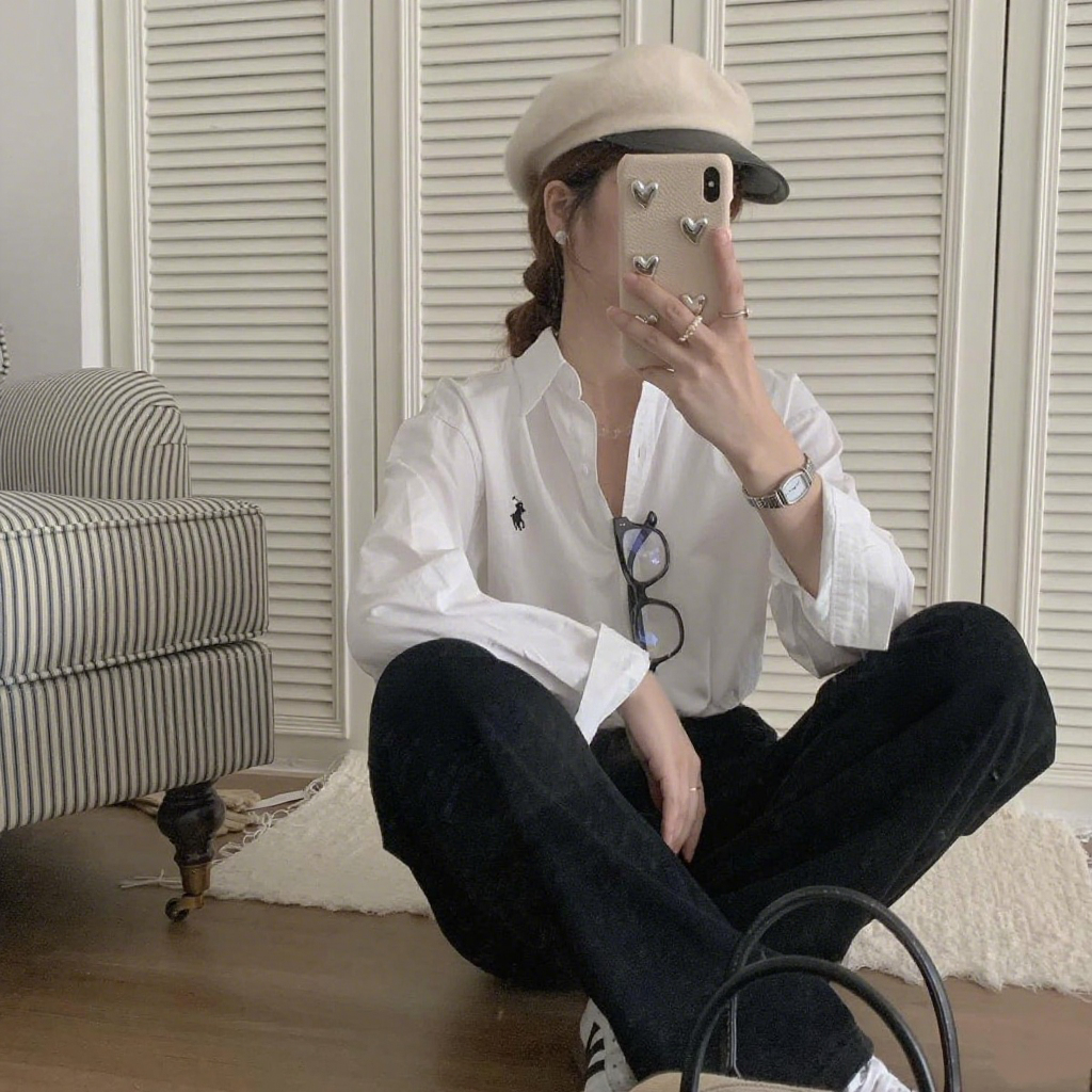 เสื้อเชิ้ตผู้หญิงแขนยาว เสื้อโปโล ทรงหลวม ปักลาย สไตล์ขี้เกียจ สดชื่น สีขาว - รูปที่ 2