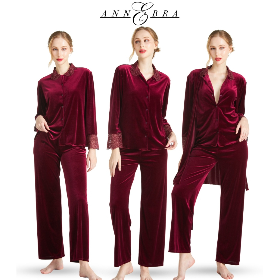 Annebra ชุดนอน ผ้ากำมะหยี่ เสื้อคอปก แขนยาว กระดุมหน้า กับ กางเกงขายาว ขอบเอวยางยืด Velvet Pajama Se