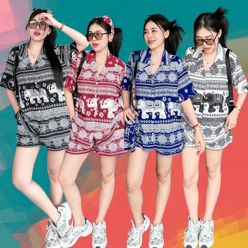 TT20946 set 3 ชิ้น เสื้อเชิ้ตฮาวาย  กก ขาสั้น กับสายโบว์