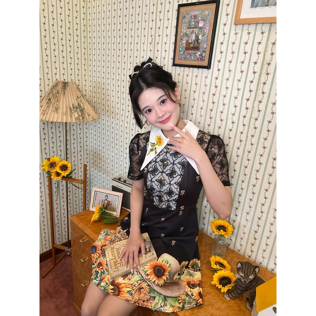 BLT BRAND 🖤🖤 L / Xl 🖤🖤 มินิเดรสสีดำทานตะวัน อกแต่งลูกไม้