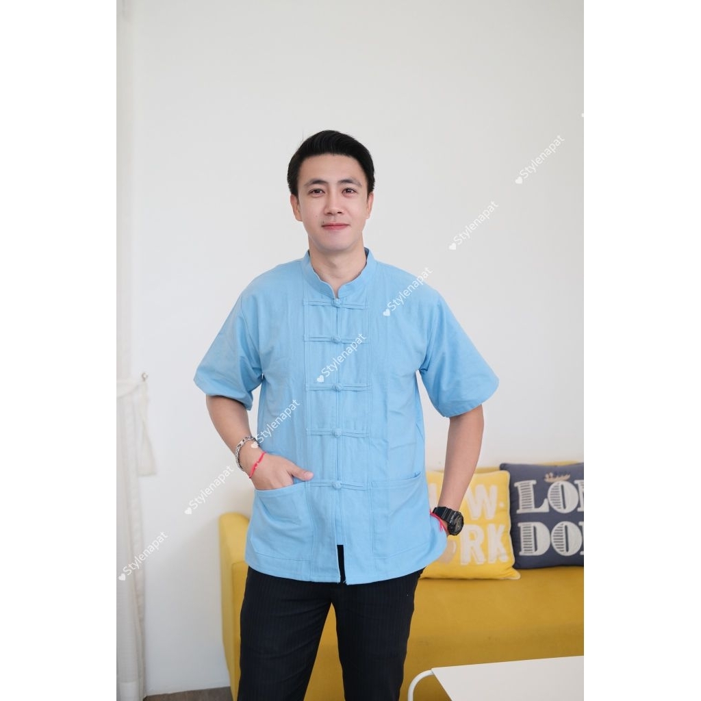 พร้อมส่ง เสื้อผ้าฝ้ายคอจีน กระดุมถัก อก40-50" ผู้ชาย รูปที่ 6
