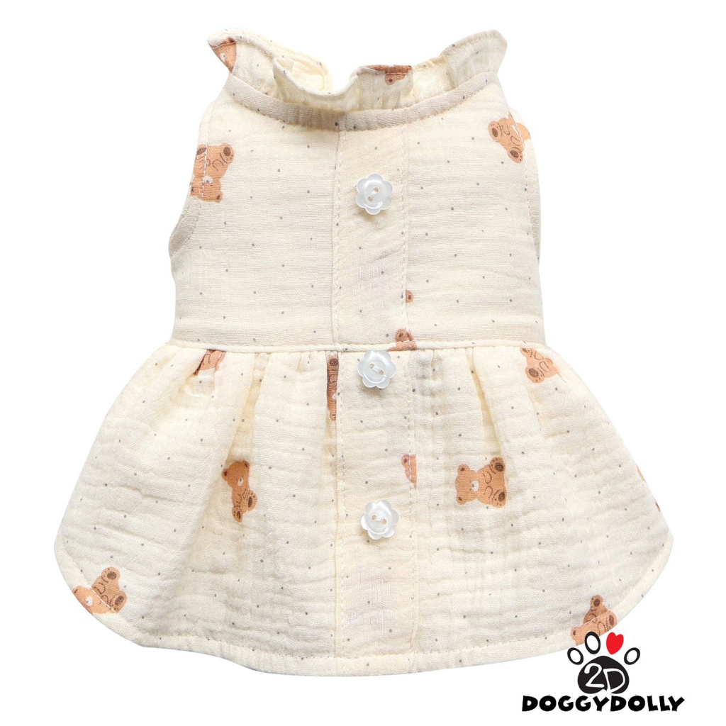 Pet clothes -Doggydolly  เสื้อผ้าแฟชั่น น้องหมาน้องแมว ชุดกระโปรง แขนกุด สีครีม ผ้าสาลู ลายหมีน้อย ข