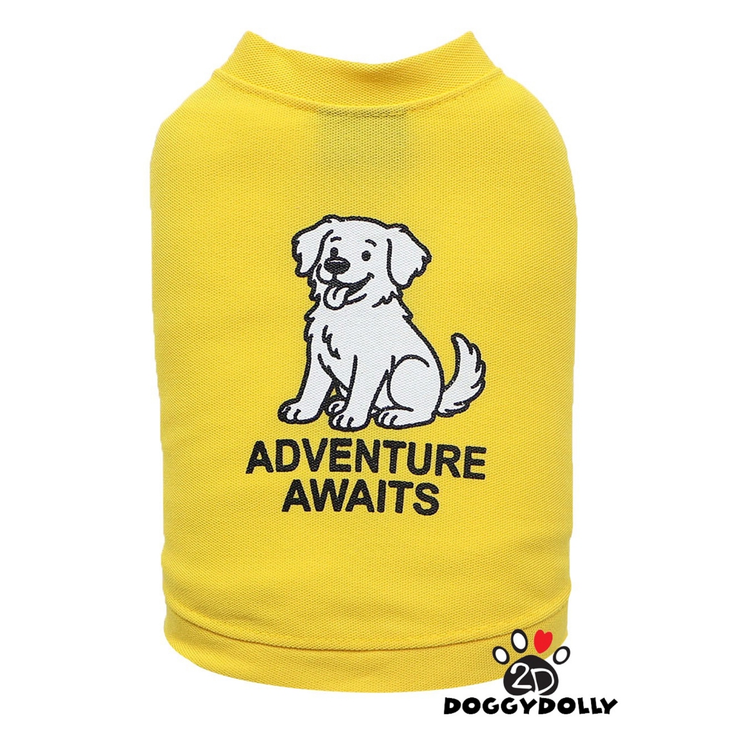 Petcloths -Doggydolly  เสื้อผ้าแฟชั่น  สัตว์เลี้ยง  หมาแมว ผ้ายืด คอกลม แขนกุด สีเหลือง ลายหมาน้อย ขนาดไซส์ 1-9โล T933