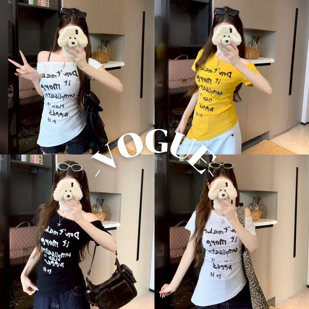Vogue🌟พร้อมส่ง🌟 เสื้อยืดแขนสั้น เปิดไหล่เล็กน้อง สกีนตัวหนังสือ (FYP31)