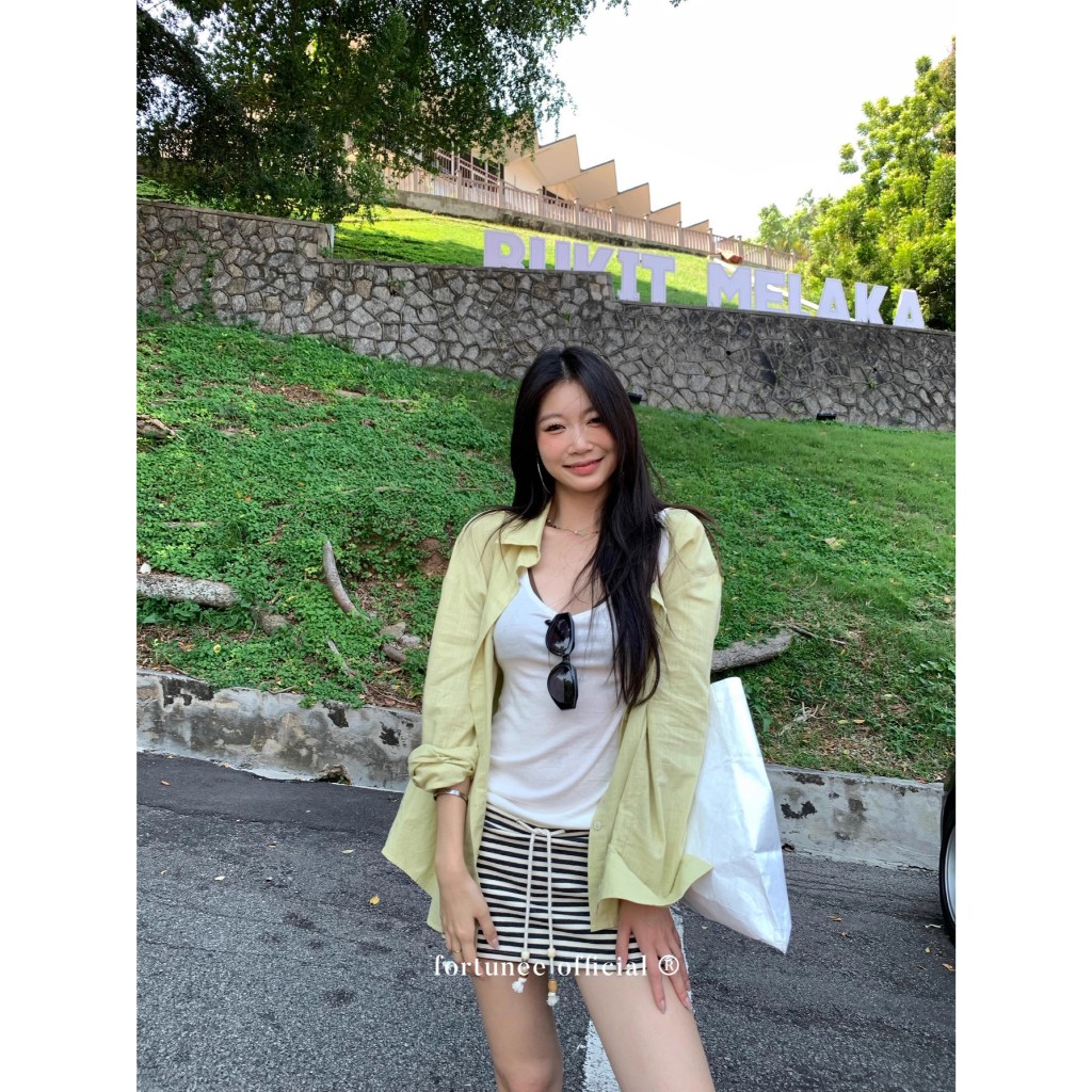 ❣Fortunee ❣ เสื้อเชิ้ตแขนยาวสีเหลืองออกเขียวๆ ทรงหลวมใส่สบาย ใส่ได้หลายสไตล์ ผ้าฝ้ายผสมลินิน