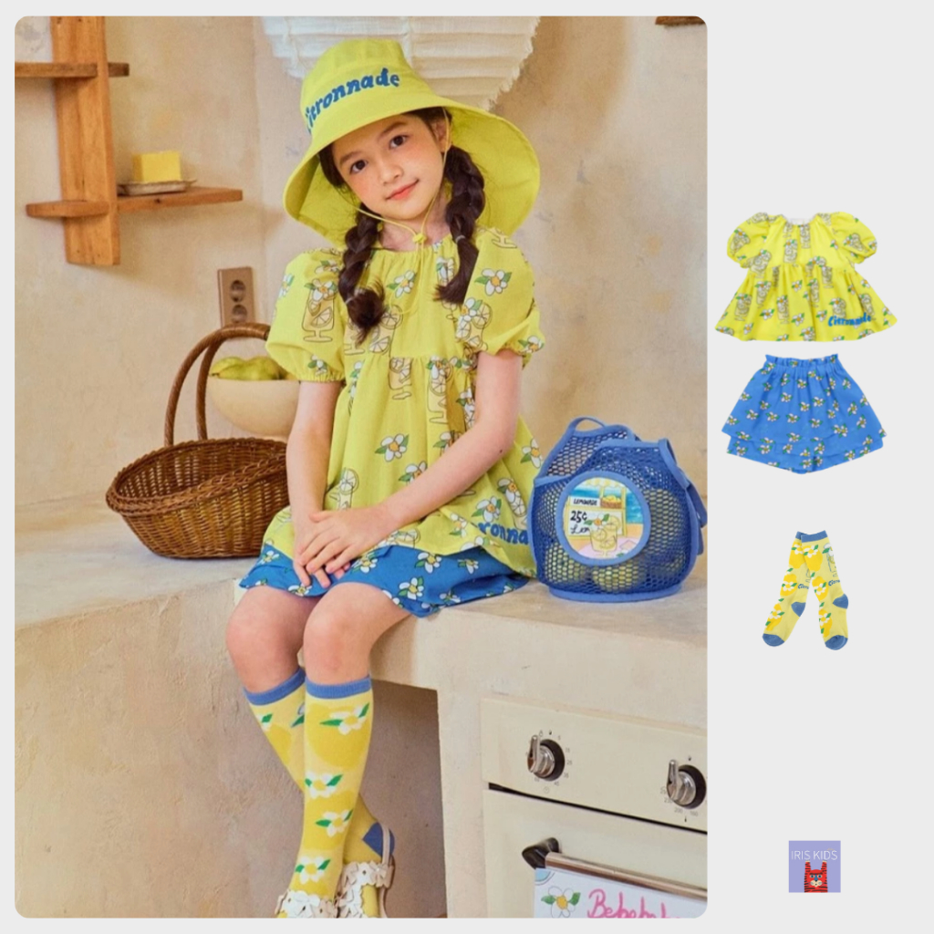 「สินค้าลิขสิทธิ์แท้」IRIS KIDS IKT2678 Lemonade set & socks ผ้าไม่ยับ ระบายอากาศ แฟชั่นเกาหลี ลายเลมอน