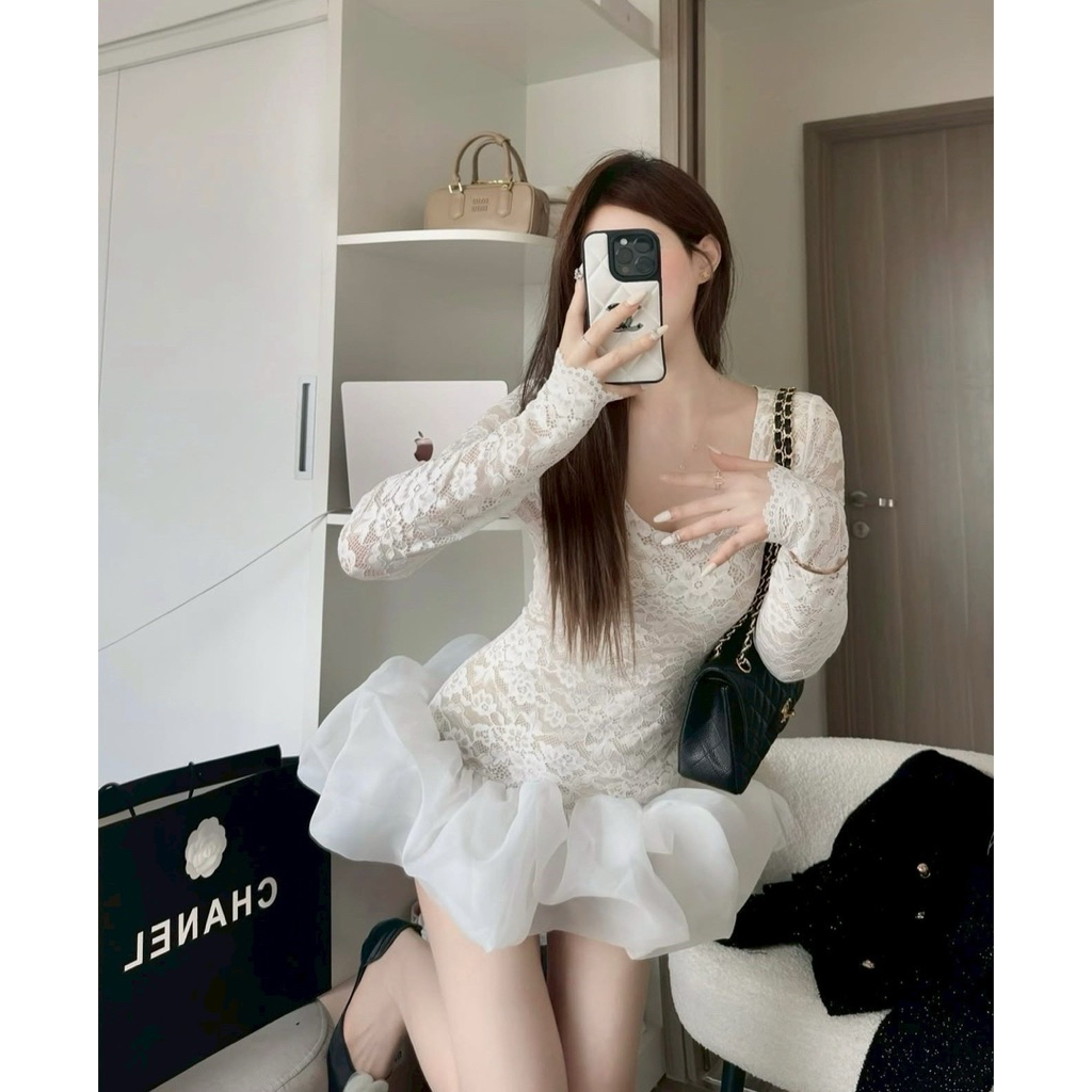 Mayu✨พร้อมส่ง🪽มินิเดรสสสั้นแขนยาวลูกไม้กระโปร่งน่ารักๆ