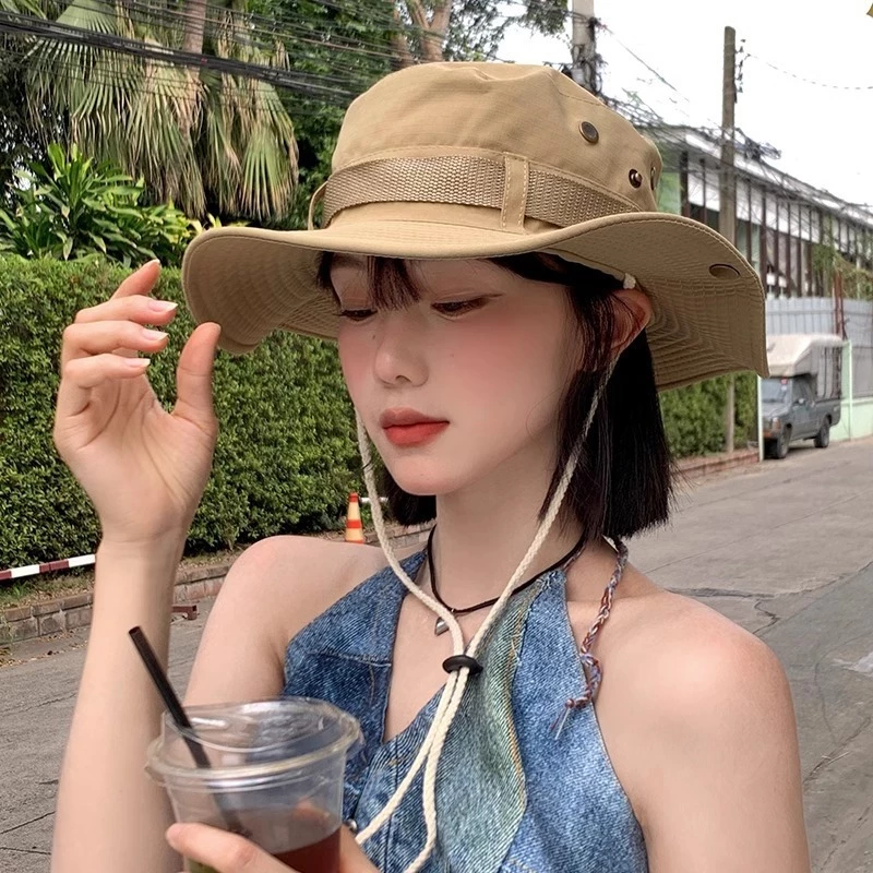 หมวกบักเก็ตเดินป่า ใส่เที่ยว เดินป่า หมวกปีกกว้าง กันแดด ตั้งแคมป์ ปีนเขา มีสายคล้องคอ (B154)