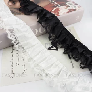 ลูกไม้ระบาย ขอบซาติน+ชายผ้าโปร่ง ขนาด 5ซม สีขาวดำ🤍🖤 (✂️ตัดขายเป็นหลา) #18924