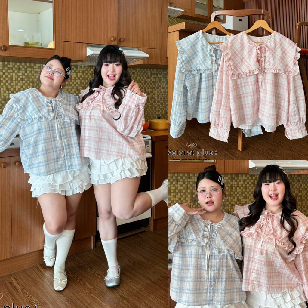/WP/ เสื้อคอปกแต่งระบาย สาวอวบ มีไซส์อก38-52 ผ้าสก็อตฉลุลายนูน น่ารักสุดๆ #เสื้อไซส์ใหญ่ พลัสไซส์