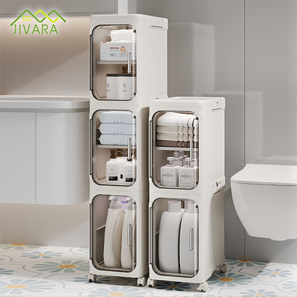 JIVARA ตู้เก็บของพับได้ ตู้เก็บของ ชั้นเก็บของ บานพับโปรงใส มีแม่เหล็กปิด-ล้อเลื่อน รับน้ำหนักได้มาก