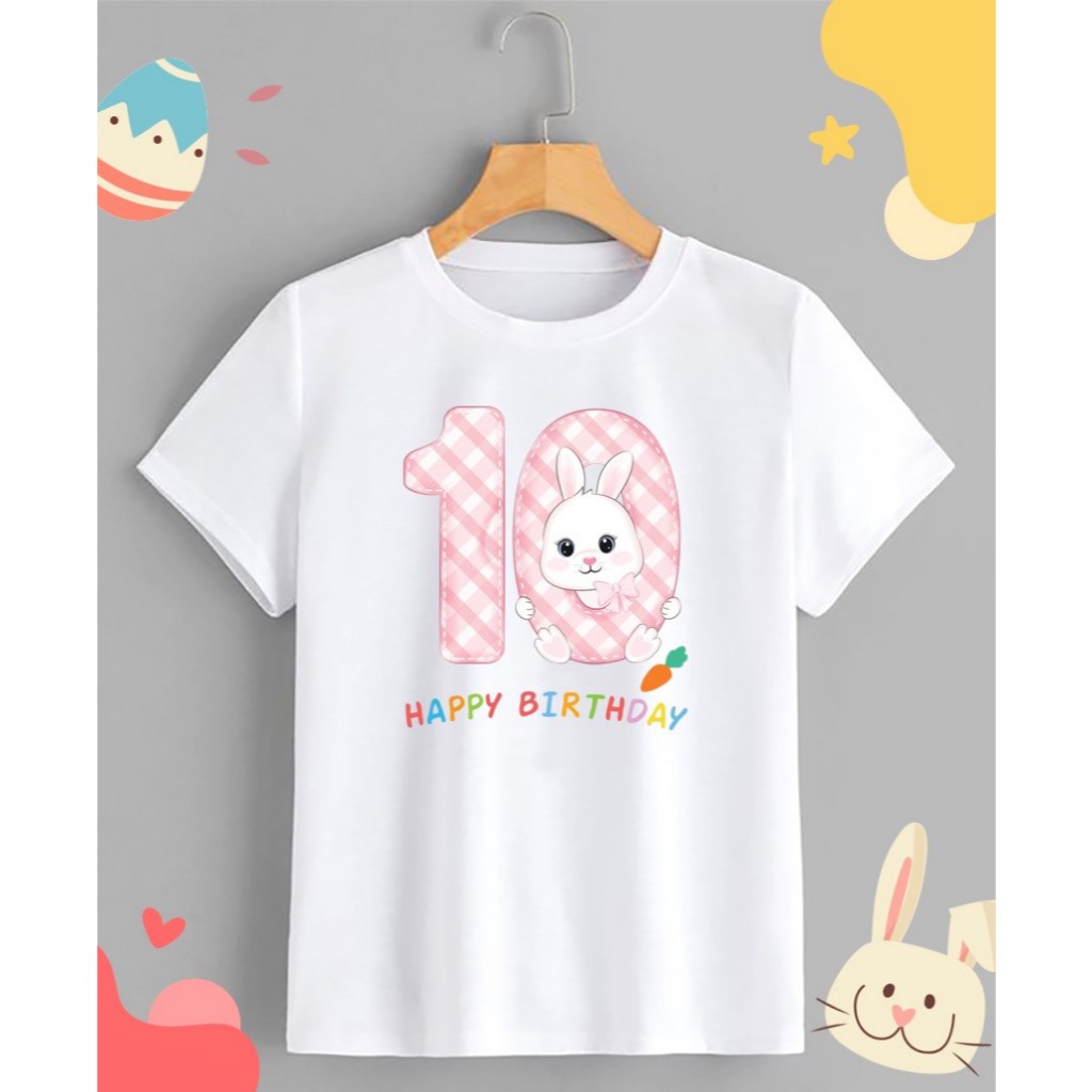 เสื้อยืดวันเกิดตัวเลข 6-10 ลายกระต่าย Happy Birthday Rabbit สีสดใส ผ้าTK สวมใส่สบาย คอกลม - รูปที่ 4