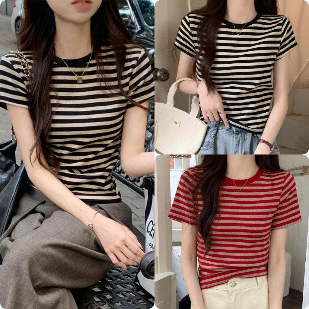 เสื้อยืดคอกลมแขนสั้นลายทางสำหรับผู้หญิง ทรงเข้ารูป