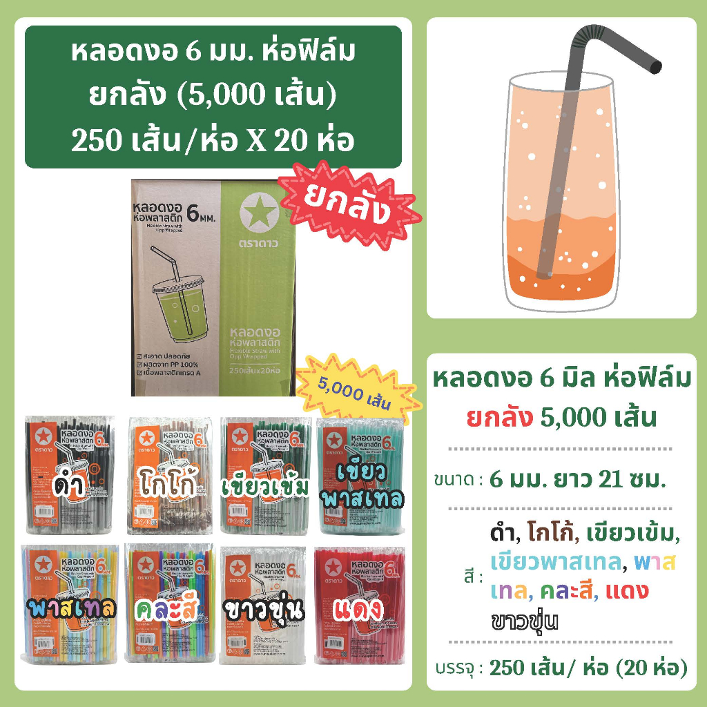 หลอดงอ 6 มิล ห่อฟิล์ม ยกลัง (250 เส้น x 20 ห่อ = 5,000 เส้น) ตราดาว