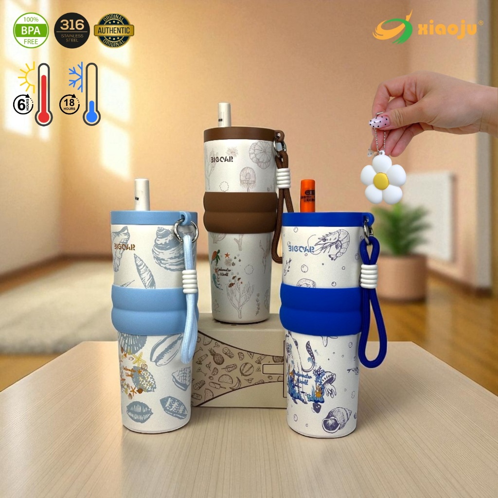 XIAOJU แก้วเคลือบเซรามิก 710ml กักเก็บทั้งความร้อนและเย็น ซับใน SUS316L พร้อมหลอดและแท่งกรองชาในตัว