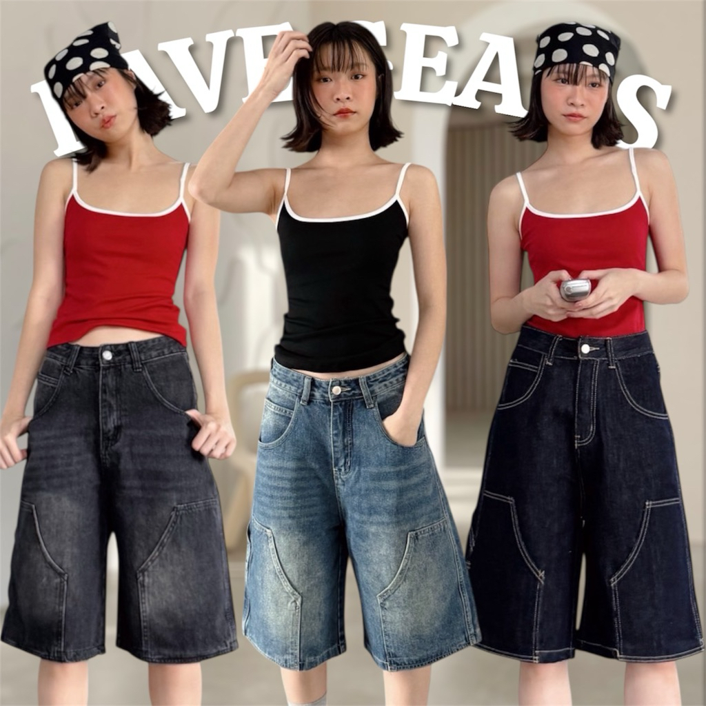 Bave Jeans 51722 กางเกงยีนส์ขาสามส่วน ทรงกระบอกใหญ่ สุดชิค มี4สี