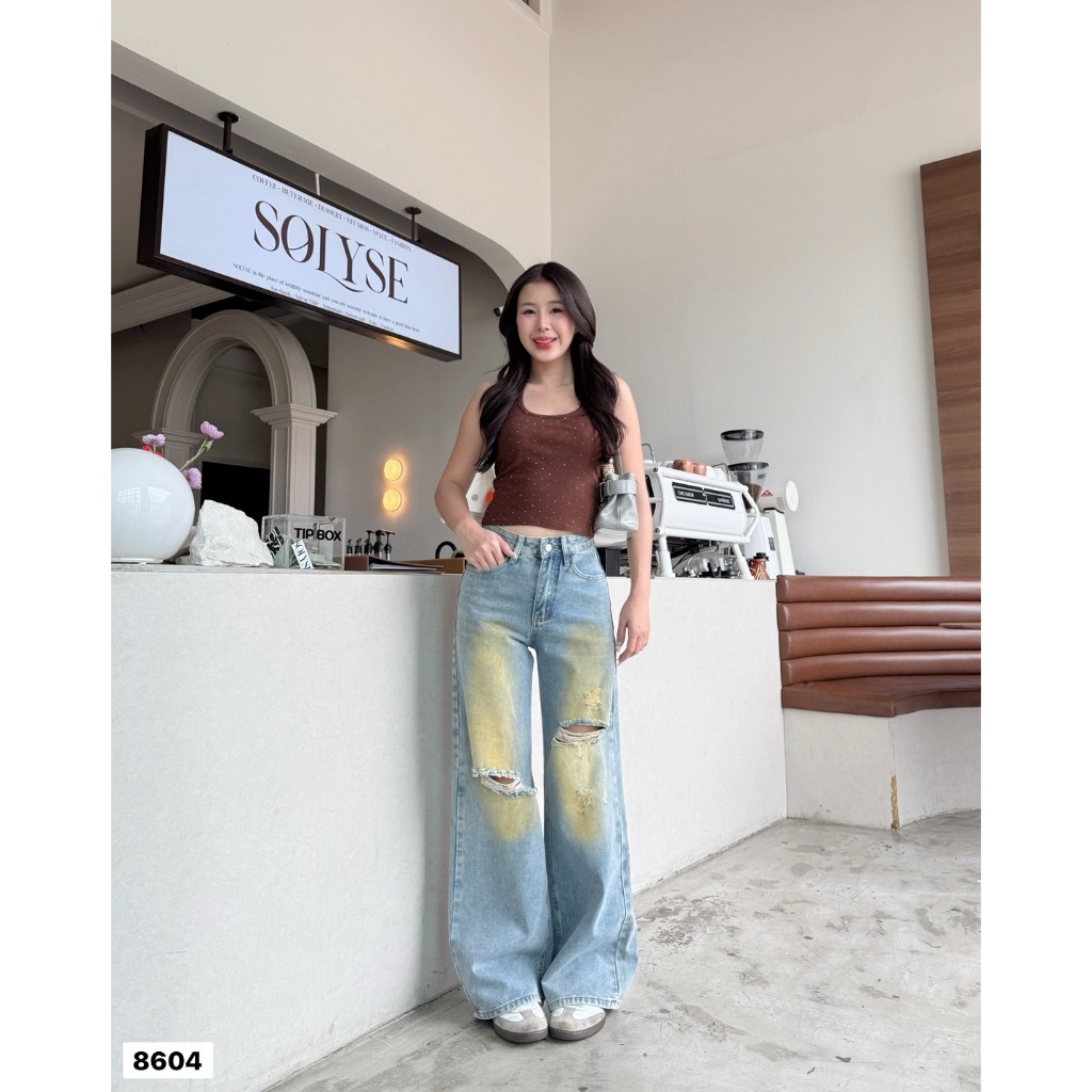JSARA #8604 กางเกงยีนส์เอวสูงทรง Baggy jeans ผ้ายีนส์ไม่ยืด ดีเทลแต่งสีเฟด งานสวย